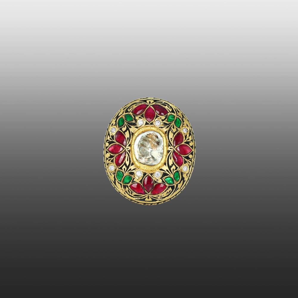 Polki Ring with Red and Green Talaf Floral Design